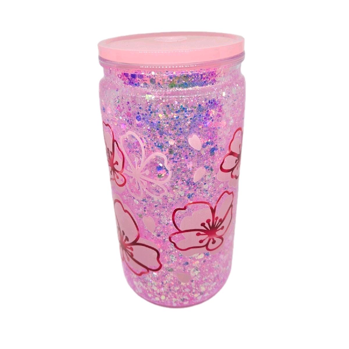 Glitter Plastic Cup with Pink Flowers Design for Drinking - Perfect for Any Occasion
