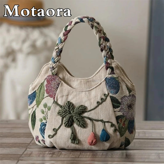 MOTAORA Women Handbags Vintage Canvas Bag Ladies Canvas Handbag Casual 2024 Woven Small Handbag Fabric Gout Craft Female Handbag