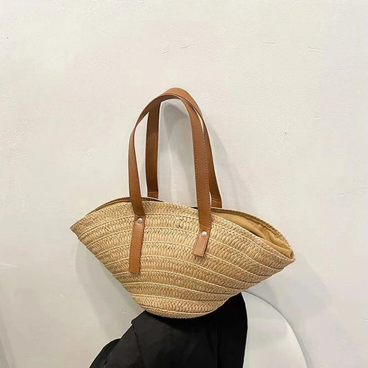 Straw Women Shoulder Bags Paper Woven Lady Large Capacity Handbags Handmade Summer Beach Bag Travel Basket Shopper Tote