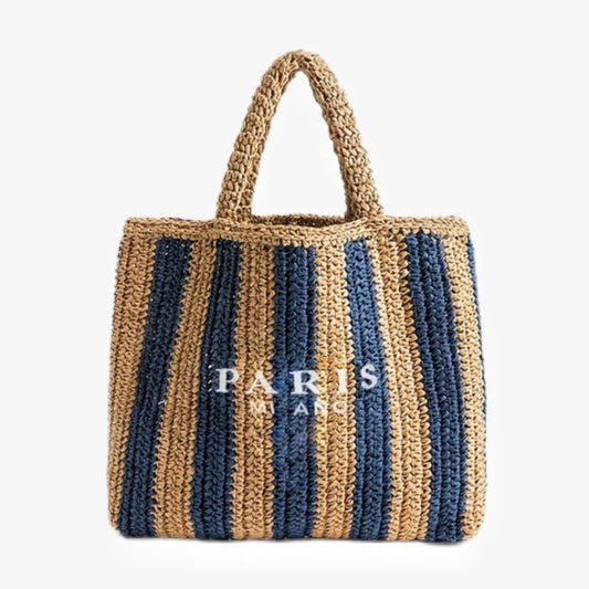 Women Fashion Striped Summer Beach Straw Knitting Shoulder Bag Hollow Out Handwoven Handbags Portable Large Capacity Casual Tote