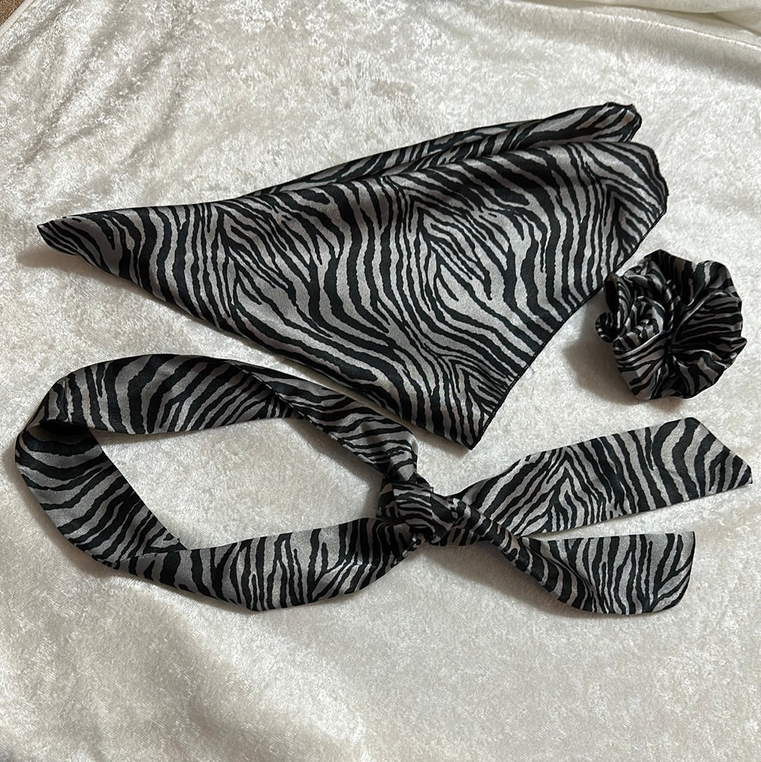Zebra Patterned 3 pieces set of Bandana + Headband + Scrunchie