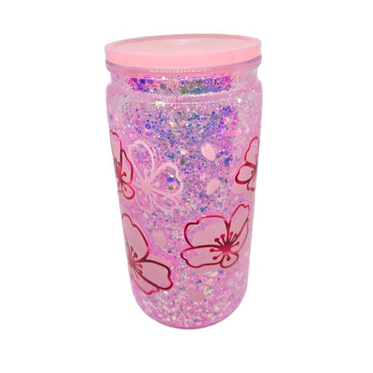 Glitter Plastic Cup with Pink Flowers Design for Drinking - Perfect for Any Occasion